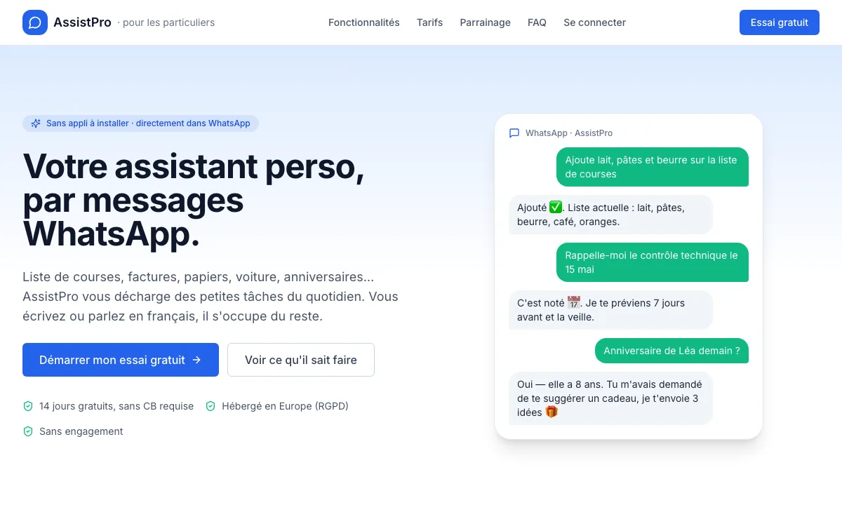 Aperçu plateforme AssistPro Particuliers — assistants IA WhatsApp